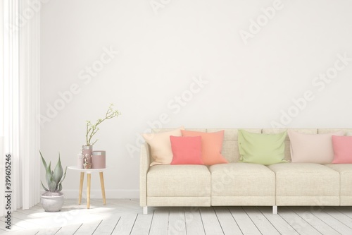 White living room with colorful sofa. Scandinavian interior design. 3D illustration © AntonSh