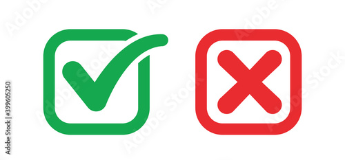 Check mark icons. Green tick and red x. Approval and decline symbols.