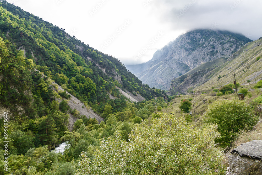 Cloudy view of mountains in North Osetia Alania, North Caucasus, Russia