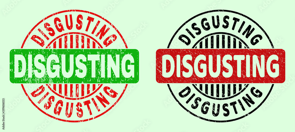 DISGUSTING bicolor round rubber imitations with unclean texture. Flat vector distress seal stamps with DISGUSTING message inside circle, in red, black, green colors. Rounded bicolor seal stamps. DISGUSTING bicolor round rubber imitations with unclean texture. Flat vector distress seal stamps with DISGUSTING message inside circle, in red, black, green colors. Rounded bicolor seal stamps.