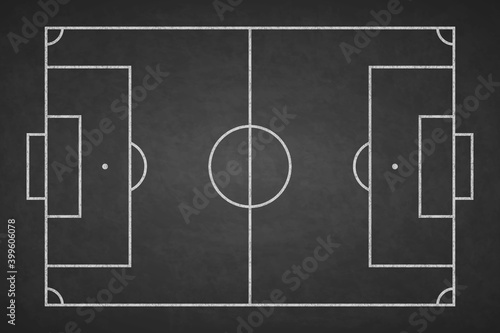 Soccer field chalked on blackboard. Football stadium on board. Background of painted chalk sketch line. Overhead view. Chalkboard texture with pattern sport play. Top plan. Fotball court. Vector