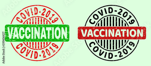 COVID-2019 VACCINATION bicolor round watermarks with distress style. Flat vector scratched stamps with COVID-2019 VACCINATION message inside round shape, in red, black, green colors.