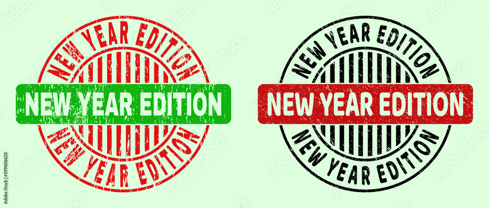 NEW YEAR EDITION bicolor round watermarks with scratched style. Flat vector scratched seal stamps with NEW YEAR EDITION caption inside circle, in red, black, green colors. Round bicolour stamps. NEW YEAR EDITION bicolor round watermarks with scratched style. Flat vector scratched seal stamps with NEW YEAR EDITION caption inside circle, in red, black, green colors. Round bicolour stamps.