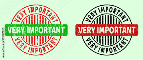 VERY IMPORTANT bicolor round imprints with corroded texture. Flat vector distress stamps with VERY IMPORTANT title inside circle, in red, black, green colors. Round bicolor stamps.