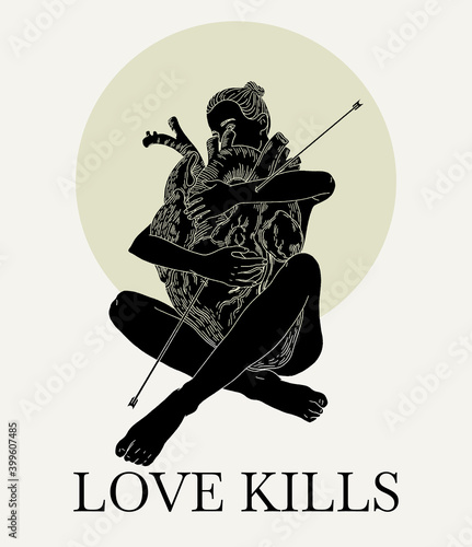 Vector hand drawn illustration of girl hugging human heart with arrows. Creative tattoo artwork. Templaet for card, poster, banner, , print for t-shirt, pin, badge, label, patch.