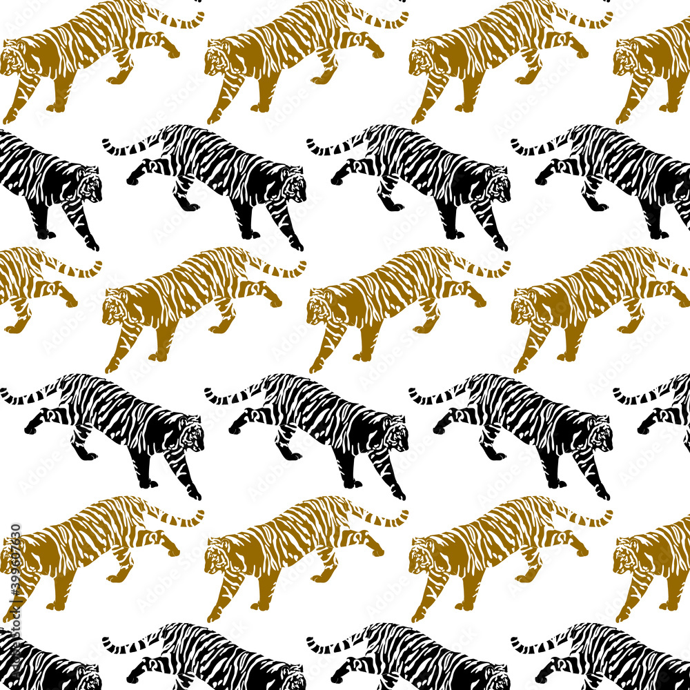 Obraz premium Vector seamless pattern with hand drawn minimalistic illustration of tiger. Creative artwork. Template for card, poster, banner, print for t-shirt, pin, badge, patch.