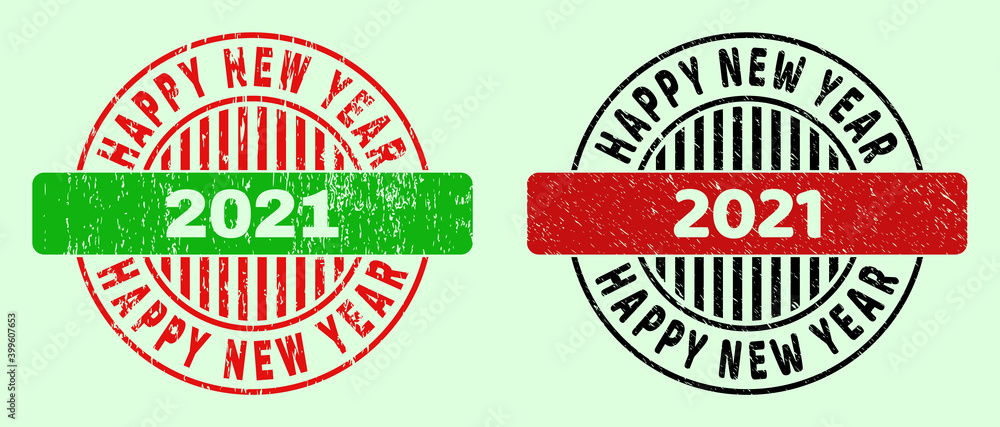 HAPPY NEW YEAR 2021 bicolor round imprints with corroded surface. Flat vector grunge seal stamps with HAPPY NEW YEAR 2021 caption inside round shape, in red, black, green colors. HAPPY NEW YEAR 2021 bicolor round imprints with corroded surface. Flat vector grunge seal stamps with HAPPY NEW YEAR 2021 caption inside round shape, in red, black, green colors.