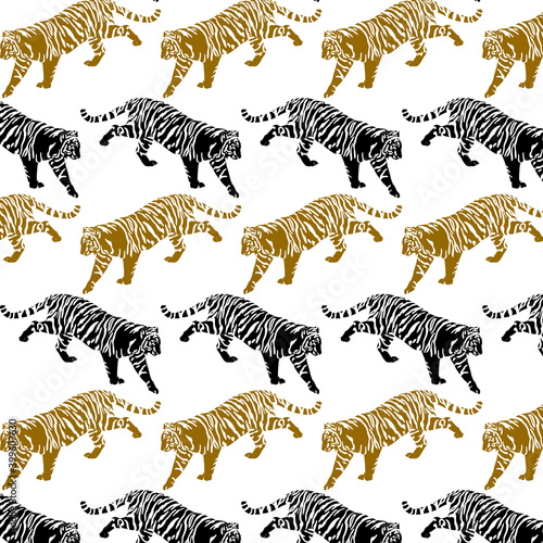 Vector seamless pattern with hand drawn minimalistic illustration of tiger. Creative artwork. Template for card  poster  banner  print for t-shirt  pin  badge  patch.