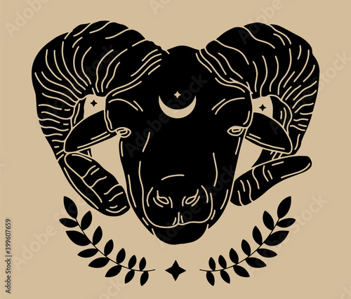 Vector hand drawn minimalistic illustration of ram. Creative artwork. Template for card, poster, banner, print for t-shirt, pin, badge, patch.