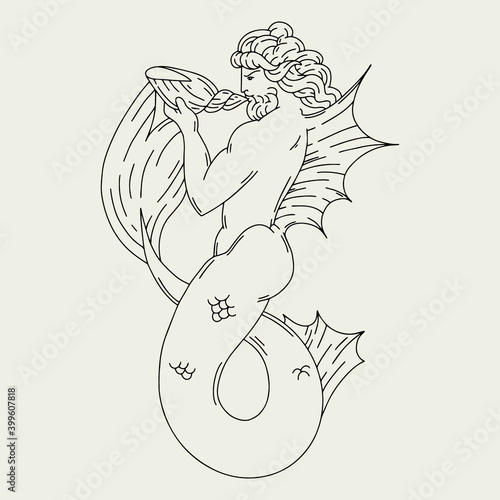 Vector hand drawn minimalistic illustration of triton with shell. Creative artwork. Template for card, poster, banner, print for t-shirt, pin, badge, patch.