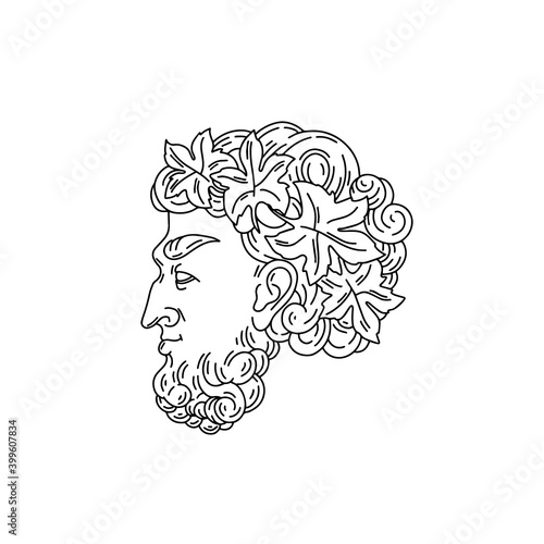 Vector hand drawn minimalistic illustration of Bacchus with leaves of vine . Creative artwork. Template for card, poster, banner, print for t-shirt, pin, badge, patch.