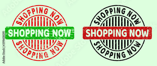 SHOPPING NOW bicolor round watermarks with unclean style. Flat vector textured watermarks with SHOPPING NOW text inside circle, in red, black, green colors. Round bicolor watermarks.