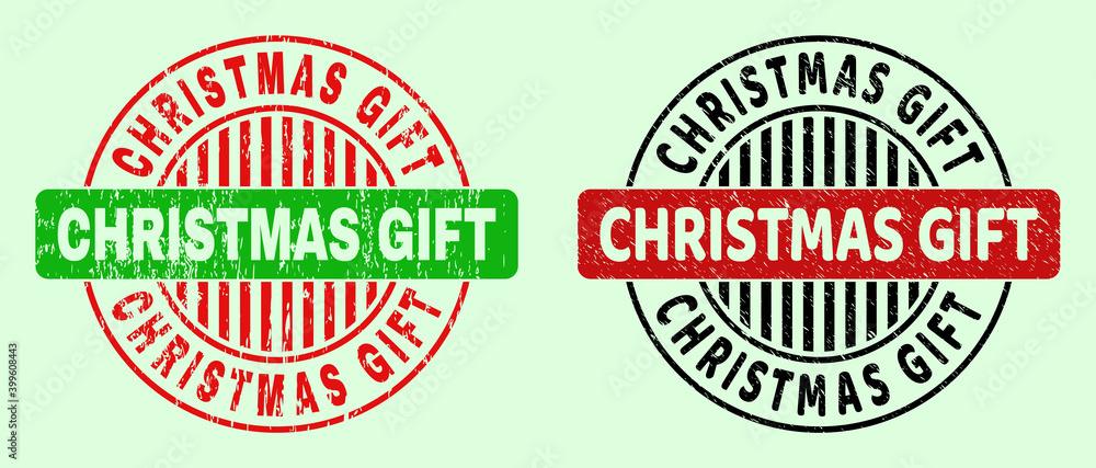 CHRISTMAS GIFT bicolor round watermarks with unclean surface. Flat vector distress stamps with CHRISTMAS GIFT message inside round shape, in red, black, green colors. Rounded bicolor watermarks. CHRISTMAS GIFT bicolor round watermarks with unclean surface. Flat vector distress stamps with CHRISTMAS GIFT message inside round shape, in red, black, green colors. Rounded bicolor watermarks.