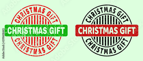 CHRISTMAS GIFT bicolor round watermarks with unclean surface. Flat vector distress stamps with CHRISTMAS GIFT message inside round shape, in red, black, green colors. Rounded bicolor watermarks.