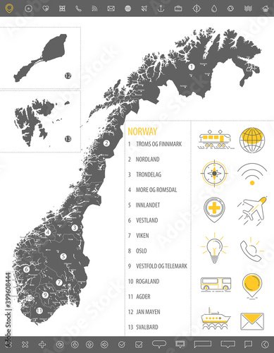 Detailed monochrome map of Norway, gray country territory with geographical borders and administrative divisions on a white background, travel icons set, vector illustration