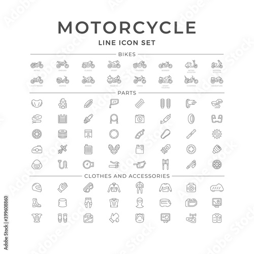 Set line icons of motorcycle parts and accessories