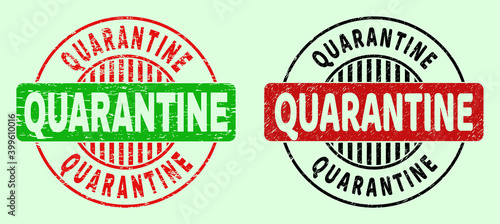 QUARANTINE bicolor round rubber imitations with corroded style. Flat vector distress seal stamps with QUARANTINE caption inside round shape, in red, black, green colors. Round bicolor stamps.