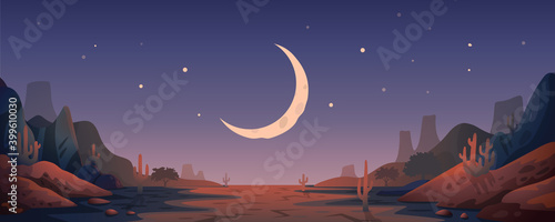 Desert landscape background. Night Panoramic landscape with desert mountains and half-moon. Vector illustration in flat cartoon style.