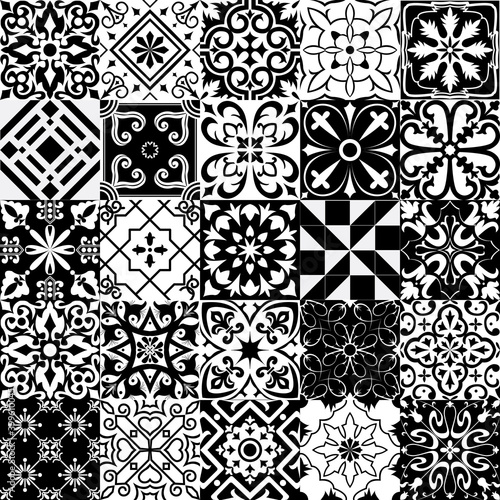 Set of tiles background in portuguese style. Back and white mosaic background in dutch, portuguese, spanish, italian style.