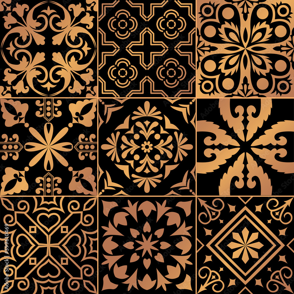 Set of tiles background in portuguese style in gold. Mosaic pattern for ceramic in dutch, portuguese, spanish, italian style. Set of tiles background in portuguese style in gold. Mosaic pattern for ceramic in dutch, portuguese, spanish, italian style.