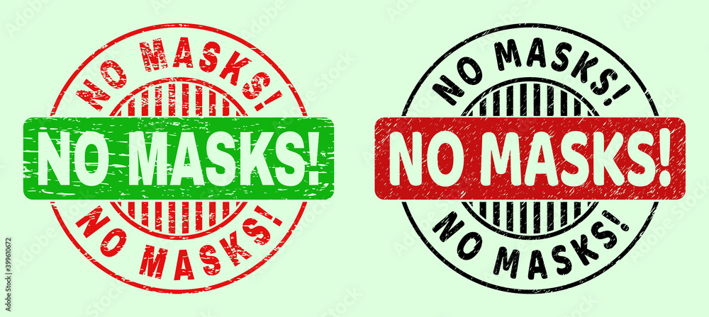 NO MASKS! bicolor round imprints with scratched style. Flat vector scratched seal stamps with NO MASKS! phrase inside circle, in red, black, green colors. Round bicolor seal stamps. NO MASKS! bicolor round imprints with scratched style. Flat vector scratched seal stamps with NO MASKS! phrase inside circle, in red, black, green colors. Round bicolor seal stamps.