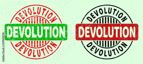 DEVOLUTION bicolor round watermarks with distress texture. Flat vector grunge stamps with DEVOLUTION title inside round shape, in red, black, green colors. Round bicolour seals.