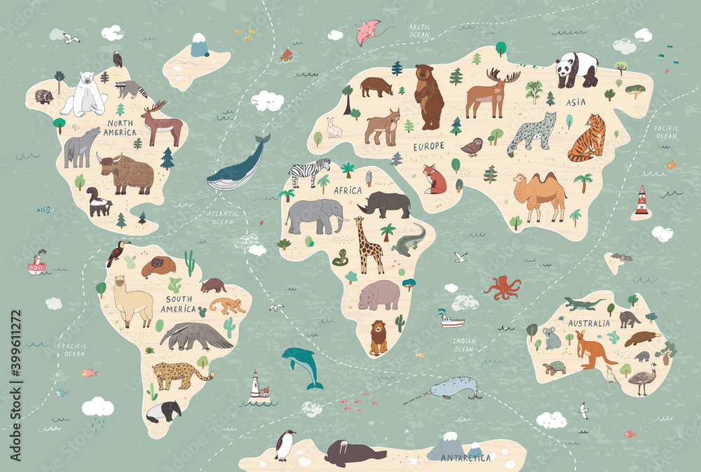 Fototapeta premium Animals vector hand drawn world map