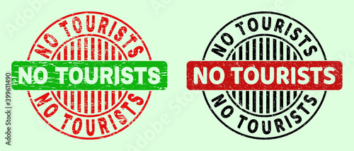NO TOURISTS bicolor round watermarks with corroded style. Flat vector grunge seals with NO TOURISTS title inside round shape, in red, black, green colors. Round bicolor seals.