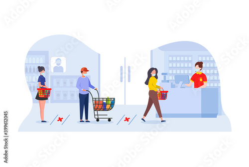 Shop with social distances and medical masks. Queuing to pay at the cashier's desk. Health protocols among in-store buyers for the prevention of Covid-19 spread.