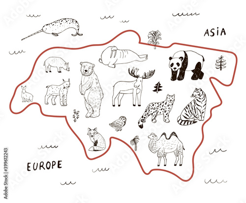 eurasia continent world animals map hand drawn vector illustrations line set