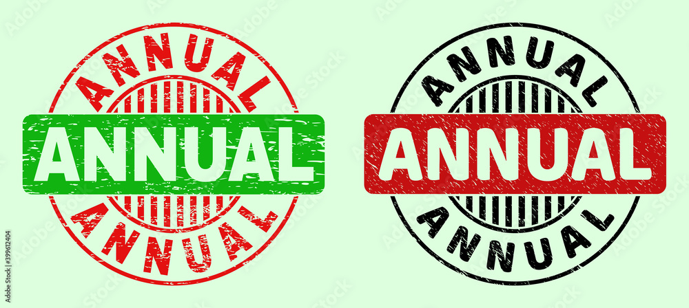 ANNUAL bicolor round imprints with scratched surface. Flat vector distress stamps with ANNUAL caption inside round shape, in red, black, green colors. Round bicolor stamps.