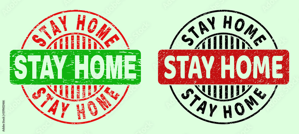 STAY HOME bicolor round watermarks with distress surface. Flat vector grunge seal stamps with STAY HOME caption inside round shape, in red, black, green colors. Round bicolor seal stamps. STAY HOME bicolor round watermarks with distress surface. Flat vector grunge seal stamps with STAY HOME caption inside round shape, in red, black, green colors. Round bicolor seal stamps.