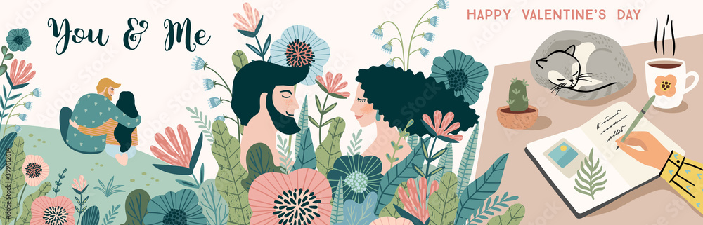 Romantic illustrations with men and women. Love, love story, relationship. Vector design banner for Valentines Day Romantic illustrations with men and women. Love, love story, relationship. Vector design banner for Valentines Day