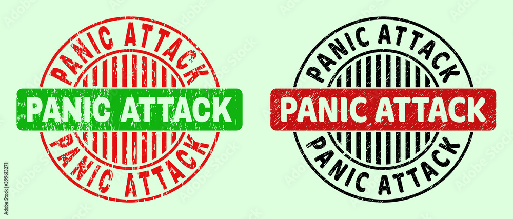 PANIC ATTACK bicolor round imprints with scratched texture. Flat vector scratched stamps with PANIC ATTACK phrase inside round shape, in red, black, green colors. Round bicolor seals. PANIC ATTACK bicolor round imprints with scratched texture. Flat vector scratched stamps with PANIC ATTACK phrase inside round shape, in red, black, green colors. Round bicolor seals.