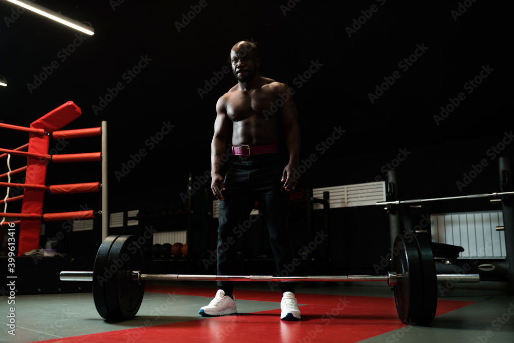 Fototapeta African american man with naked torso powerlifting trainer lifts barbell in gym