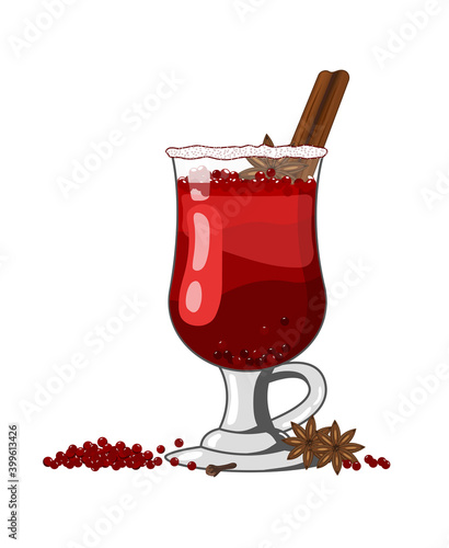 Winter hot cranberry cocktail or punch drink with red berries in glass.  Vector illustration in flat style on white background