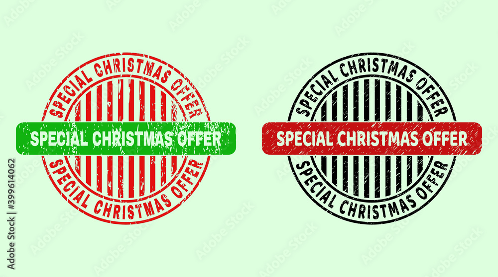 SPECIAL CHRISTMAS OFFER bicolor round watermarks with grunged texture. Flat vector distress seal stamps with SPECIAL CHRISTMAS OFFER phrase inside round shape, in red, black, green colors.