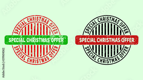 SPECIAL CHRISTMAS OFFER bicolor round watermarks with grunged texture. Flat vector distress seal stamps with SPECIAL CHRISTMAS OFFER phrase inside round shape, in red, black, green colors.