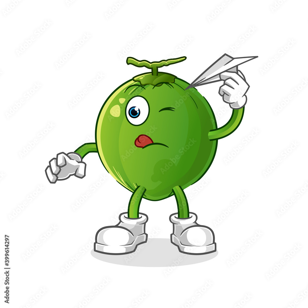 coconut with paper plane character. cartoon mascot vector coconut with paper plane character. cartoon mascot vector