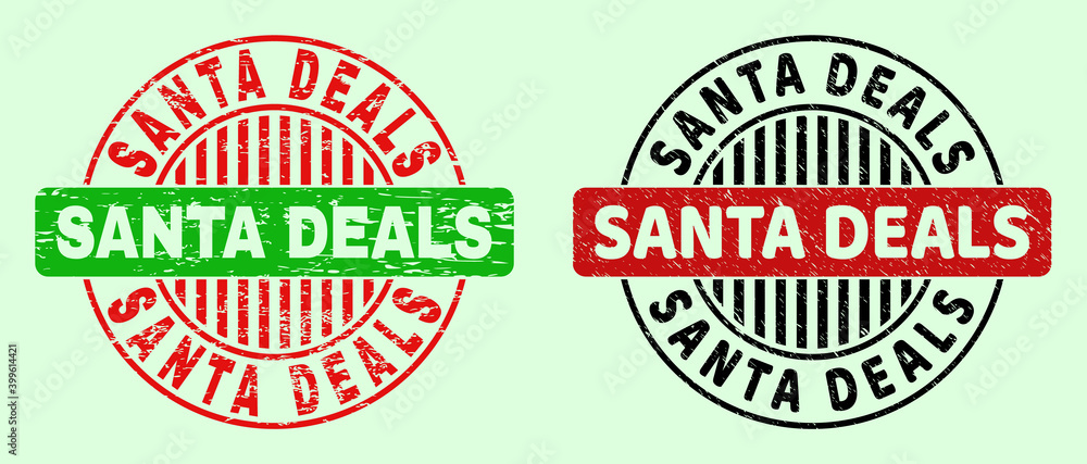 SANTA DEALS bicolor round watermarks with unclean texture. Flat vector distress seal stamps with SANTA DEALS message inside round shape, in red, black, green colors. Round bicolor seal stamps. SANTA DEALS bicolor round watermarks with unclean texture. Flat vector distress seal stamps with SANTA DEALS message inside round shape, in red, black, green colors. Round bicolor seal stamps.