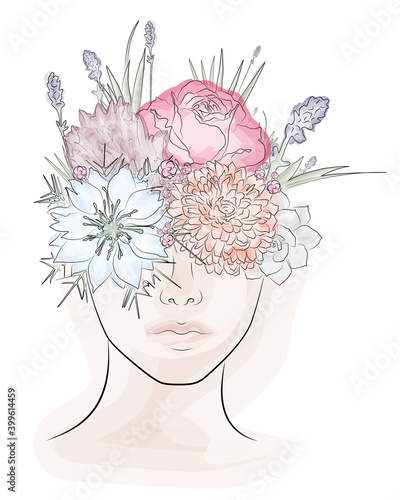 Abstract face with flowers watercolor vector drawing. Portrait minimalistic style. Botanical print. Nature symbol of cosmetics. Modern art. Fashion print. Beaty salon logo.
