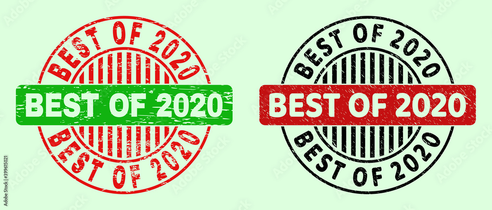 BEST OF 2020 bicolor round imprints with unclean surface. Flat vector distress seal stamps with BEST OF 2020 caption inside circle, in red, black, green colors. Round bicolour seal stamps. BEST OF 2020 bicolor round imprints with unclean surface. Flat vector distress seal stamps with BEST OF 2020 caption inside circle, in red, black, green colors. Round bicolour seal stamps.