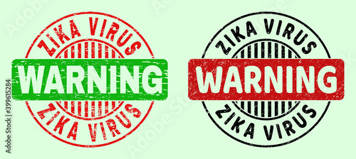 ZIKA VIRUS WARNING bicolor round watermarks with unclean surface. Flat vector distress seal stamps with ZIKA VIRUS WARNING title inside round shape, in red, black, green colors.