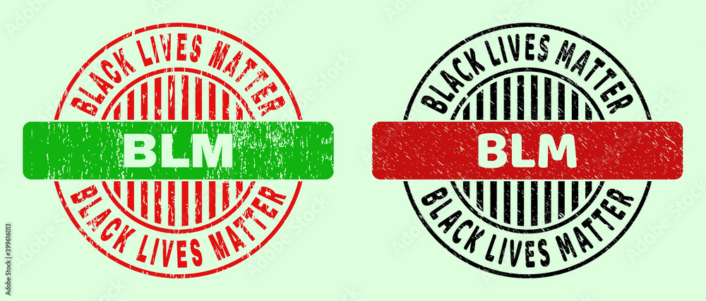 BLM bicolor round watermarks with scratched surface. Flat vector scratched watermarks using BLM title inside round shape, in red, black, green colors. Round bicolor seal stamps.