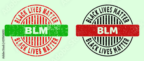 BLM bicolor round watermarks with scratched surface. Flat vector scratched watermarks using BLM title inside round shape, in red, black, green colors. Round bicolor seal stamps.