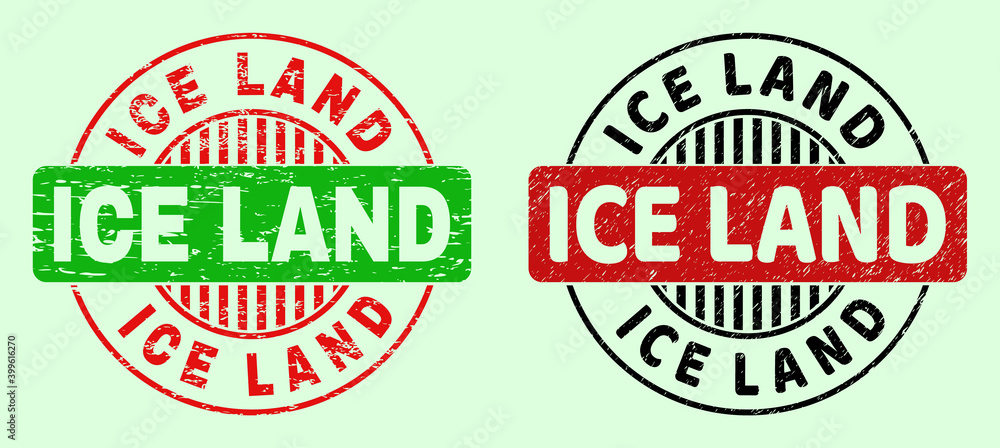 ICE LAND bicolor round watermarks with unclean style. Flat vector distress seals with ICE LAND text inside round shape, in red, black, green colors. Round bicolour watermarks. ICE LAND bicolor round watermarks with unclean style. Flat vector distress seals with ICE LAND text inside round shape, in red, black, green colors. Round bicolour watermarks.