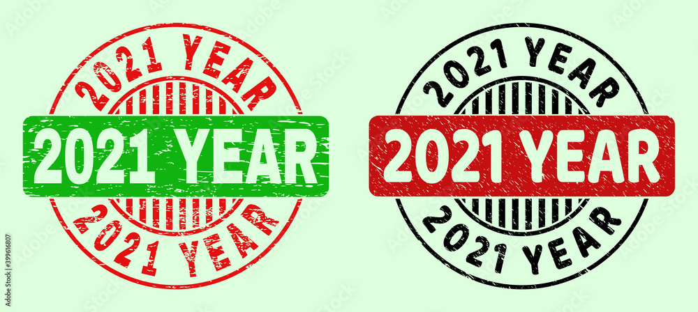 2021 YEAR bicolor round watermarks with distress texture. Flat vector scratched watermarks with 2021 YEAR caption inside round shape, in red, black, green colors. Round bicolor stamps. 2021 YEAR bicolor round watermarks with distress texture. Flat vector scratched watermarks with 2021 YEAR caption inside round shape, in red, black, green colors. Round bicolor stamps.