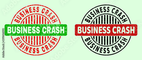 BUSINESS CRASH bicolor round watermarks with corroded style. Flat vector textured seals using BUSINESS CRASH title inside round shape, in red, black, green colors. Round bicolor watermarks.