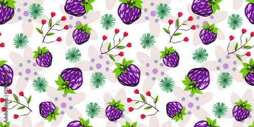Strawberry seamless pattern berries and flowers. For packaging, paper, textile and any surfaces. Vector pattern.