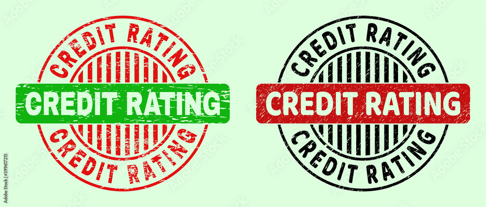 CREDIT RATING bicolor round watermarks with corroded style. Flat vector textured seal stamps with CREDIT RATING message inside round shape, in red, black, green colors. Round bicolour seal stamps.